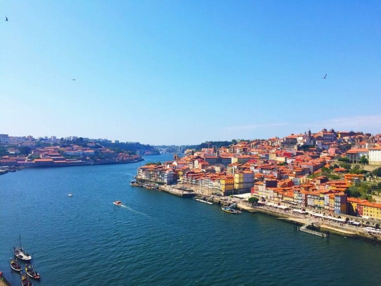view of blue sky, porto town and river from up high