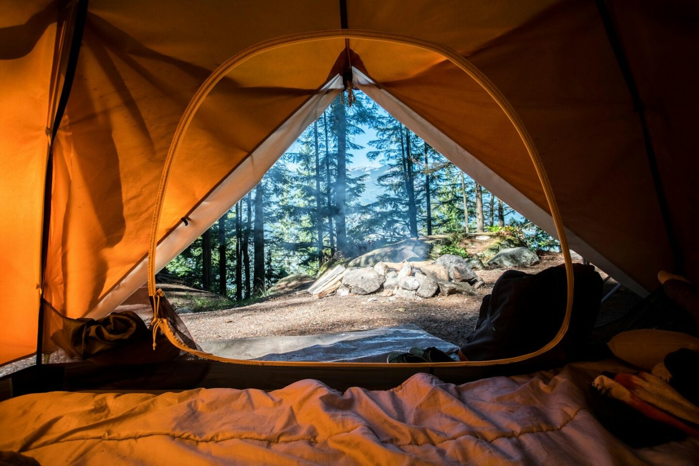 view from inside orange camping tent under green trees