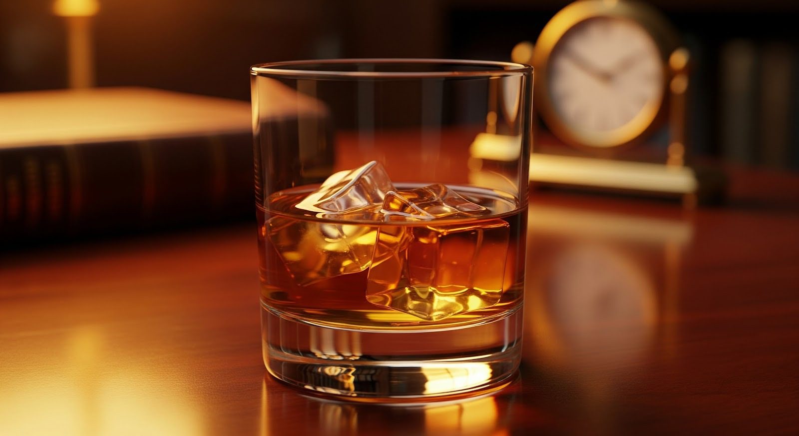 a glass of whiskey with ice on a table