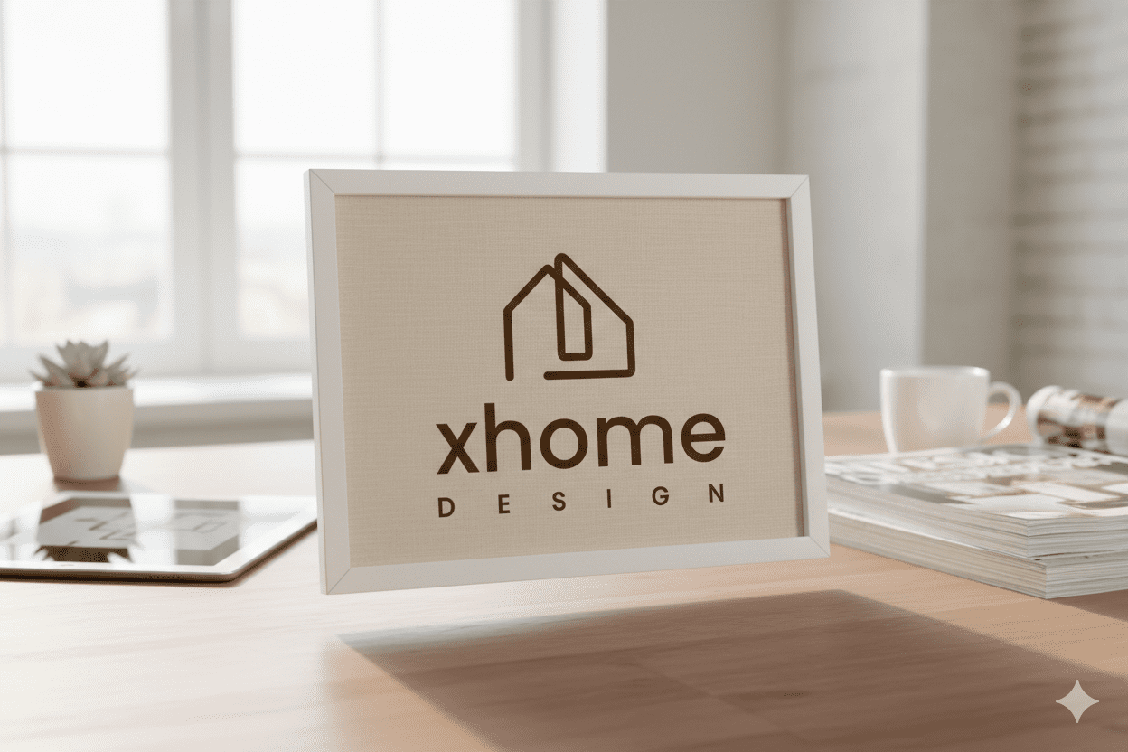 white frame floating in the air above desk with the words 'xhome design' on it